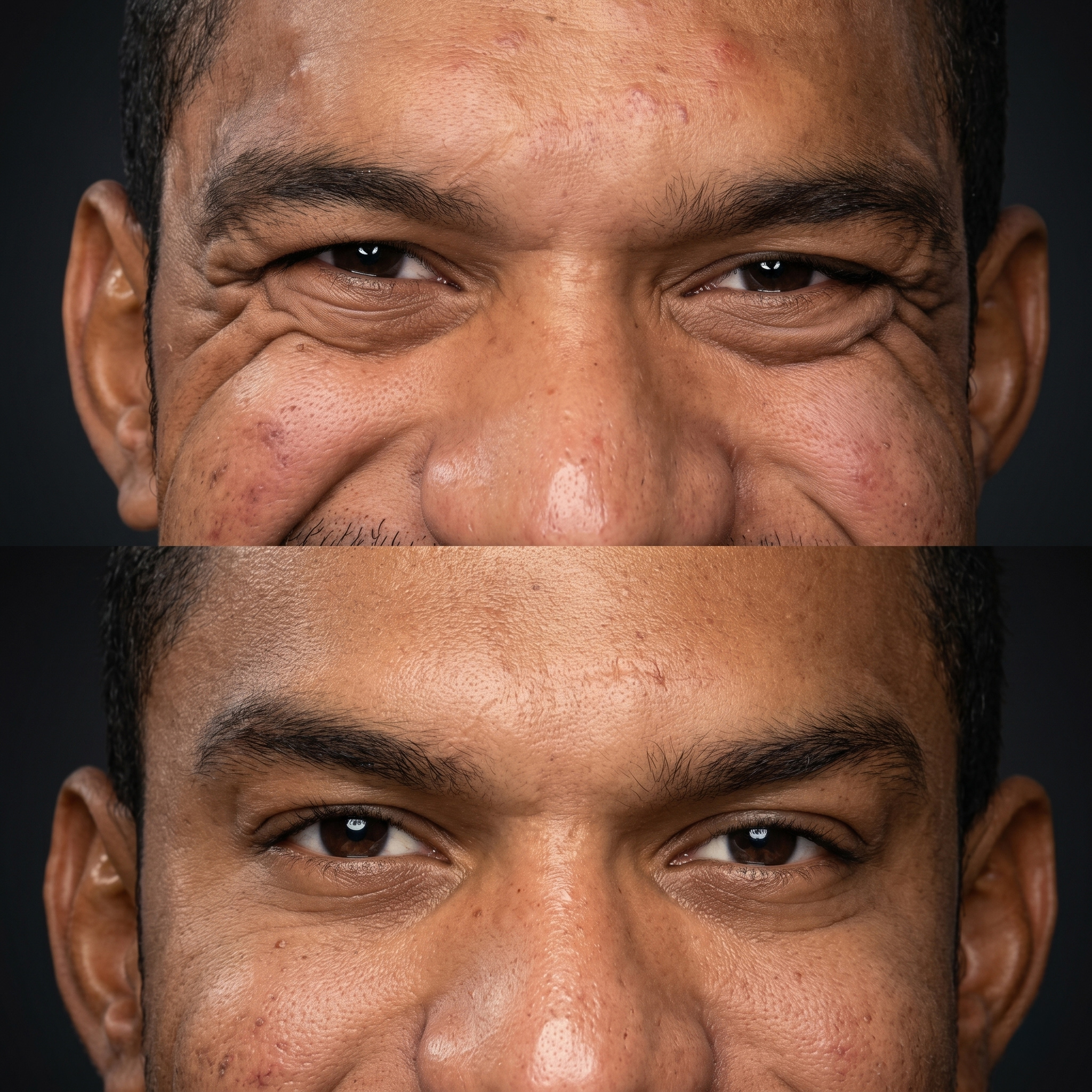 Antes e depois de harmonização facial na região dos olhos realizado pela esteticista Dra. Naiane Gonçalves em Sinop