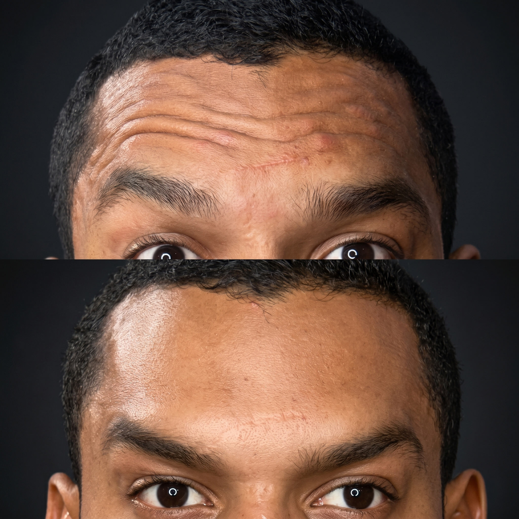 Antes e depois de harmonização facial na testa realizado pela esteticista Dra. Naiane Gonçalves em Sinop