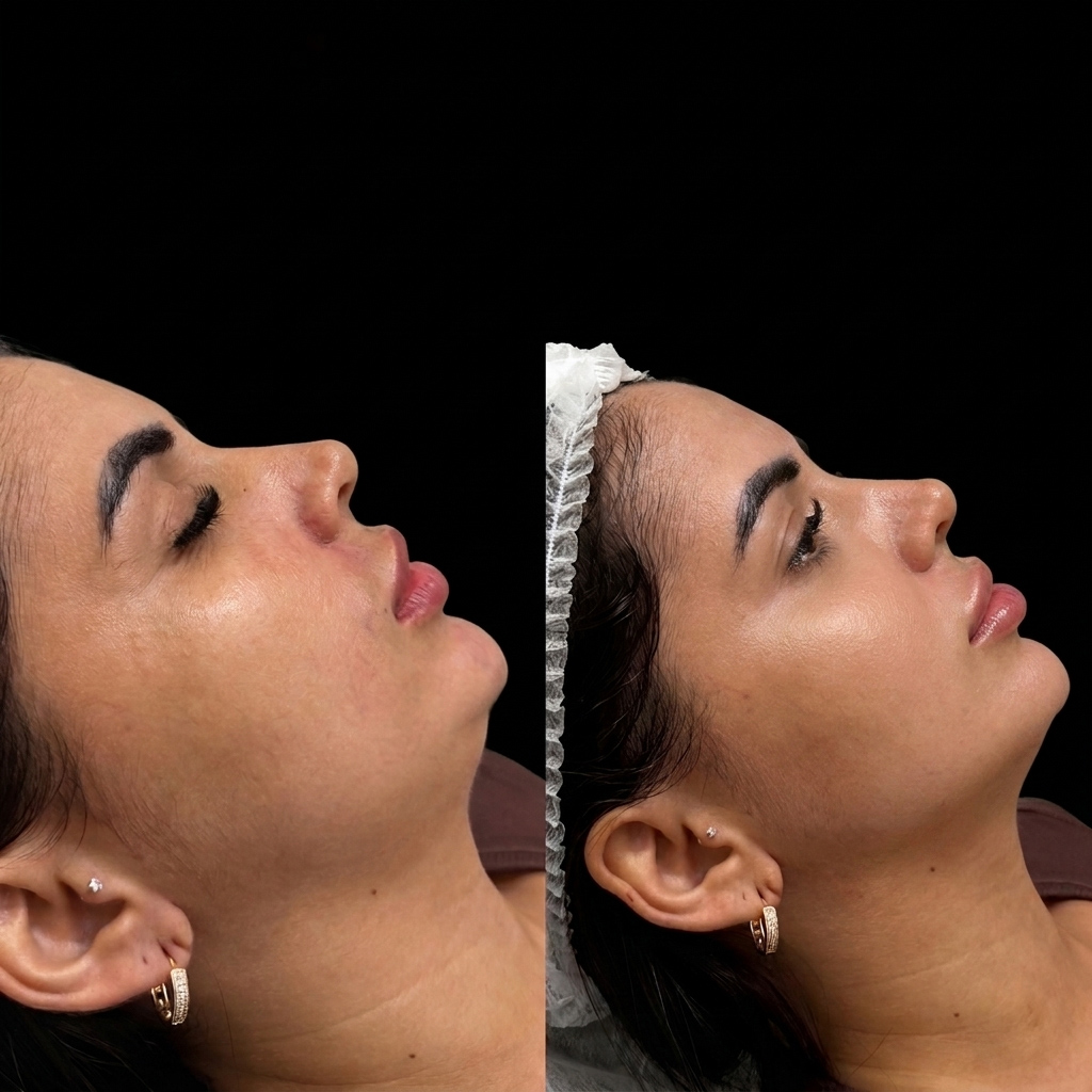 Antes e depois de harmonização facial com foco no contorno realizado pela esteticista Dra. Naiane Gonçalves em Sinop
